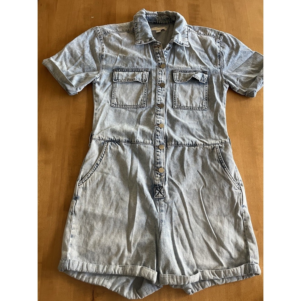 C&V Chelsea & Violet Rolled Hem Denim Romper Shorts Sz S 100% Cotton Country